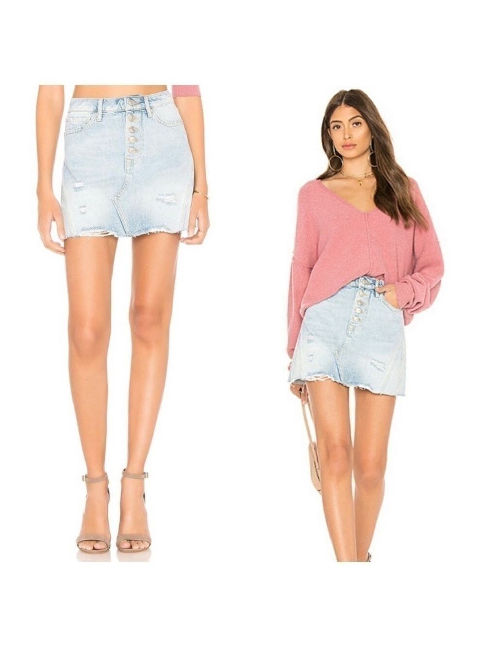 FREE People Denim A-Line Distressed Mini Skirt